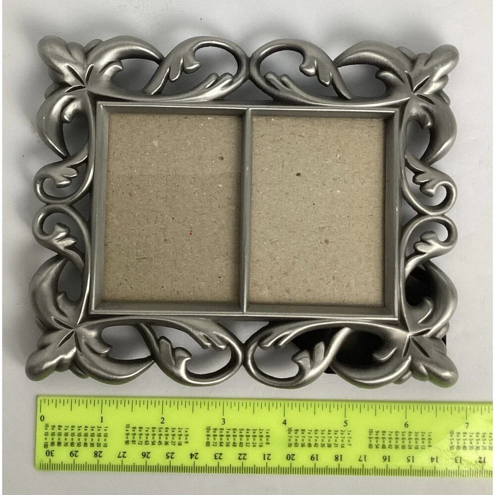 Metal Picture Frame Double Wallet Size Silvertone Ornate Scroll